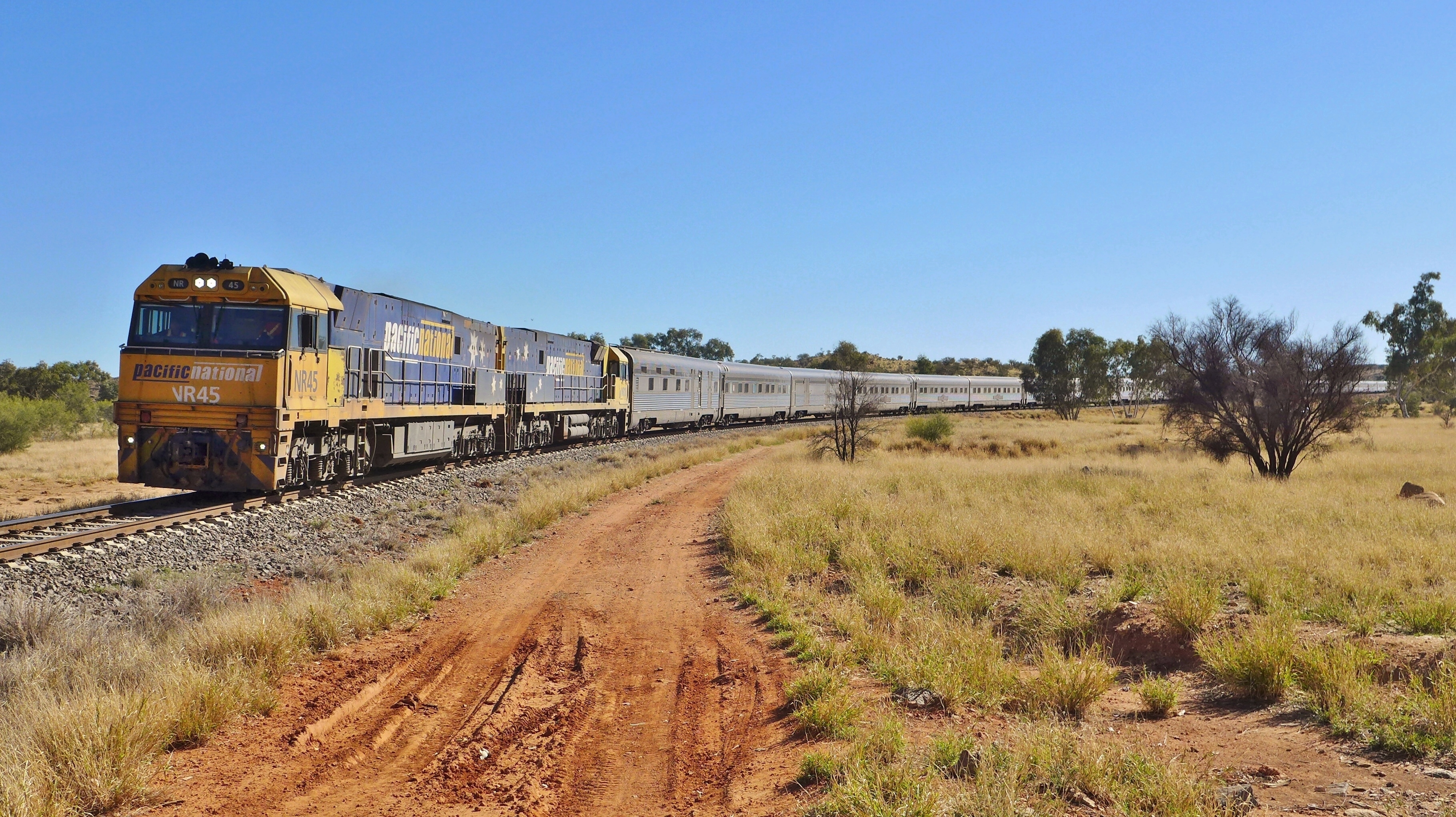 The Ghan approaching Alice Springs in central Australia.