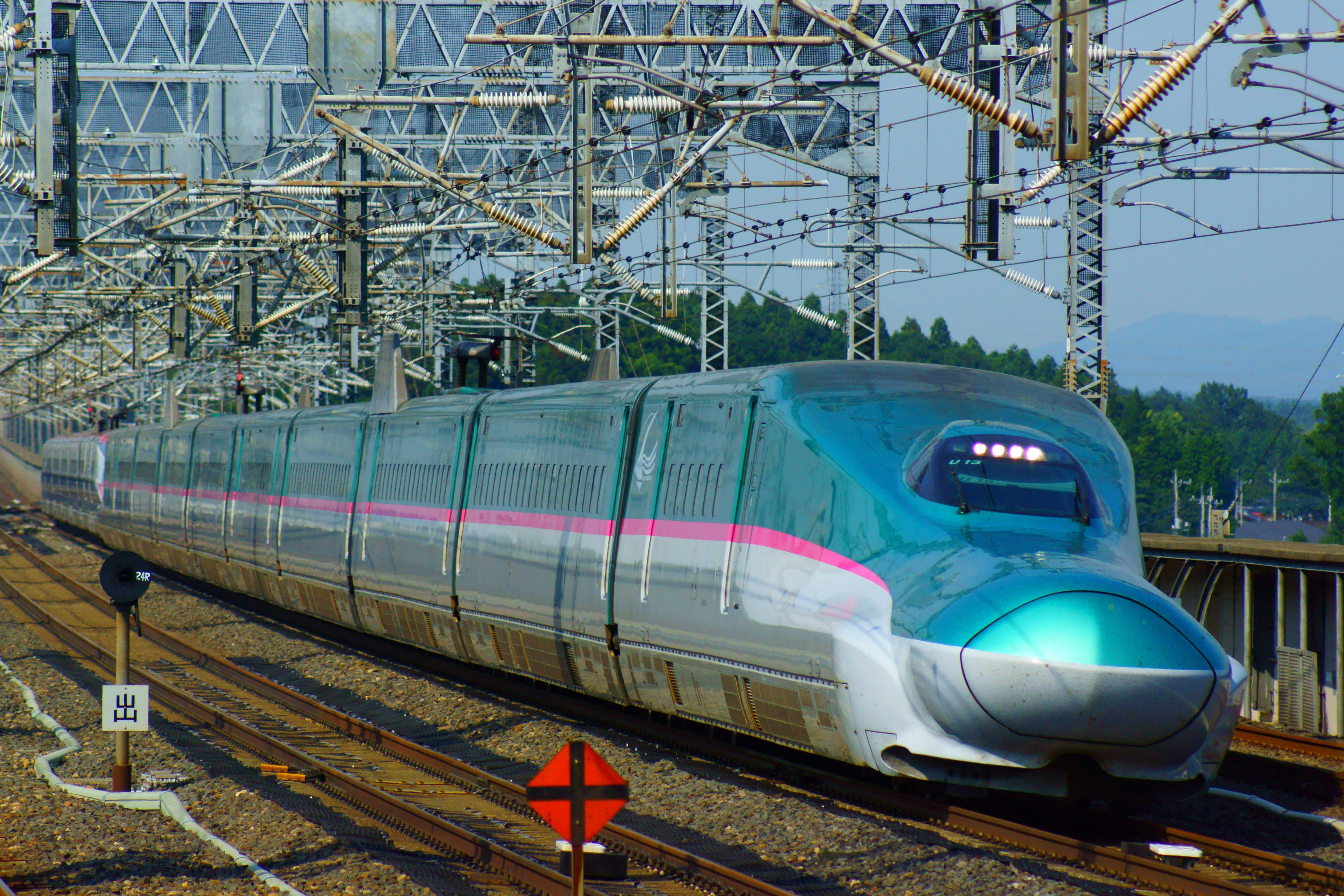 E5 and E6 Shinkansen trains passing Nasu-Shiobara Station.