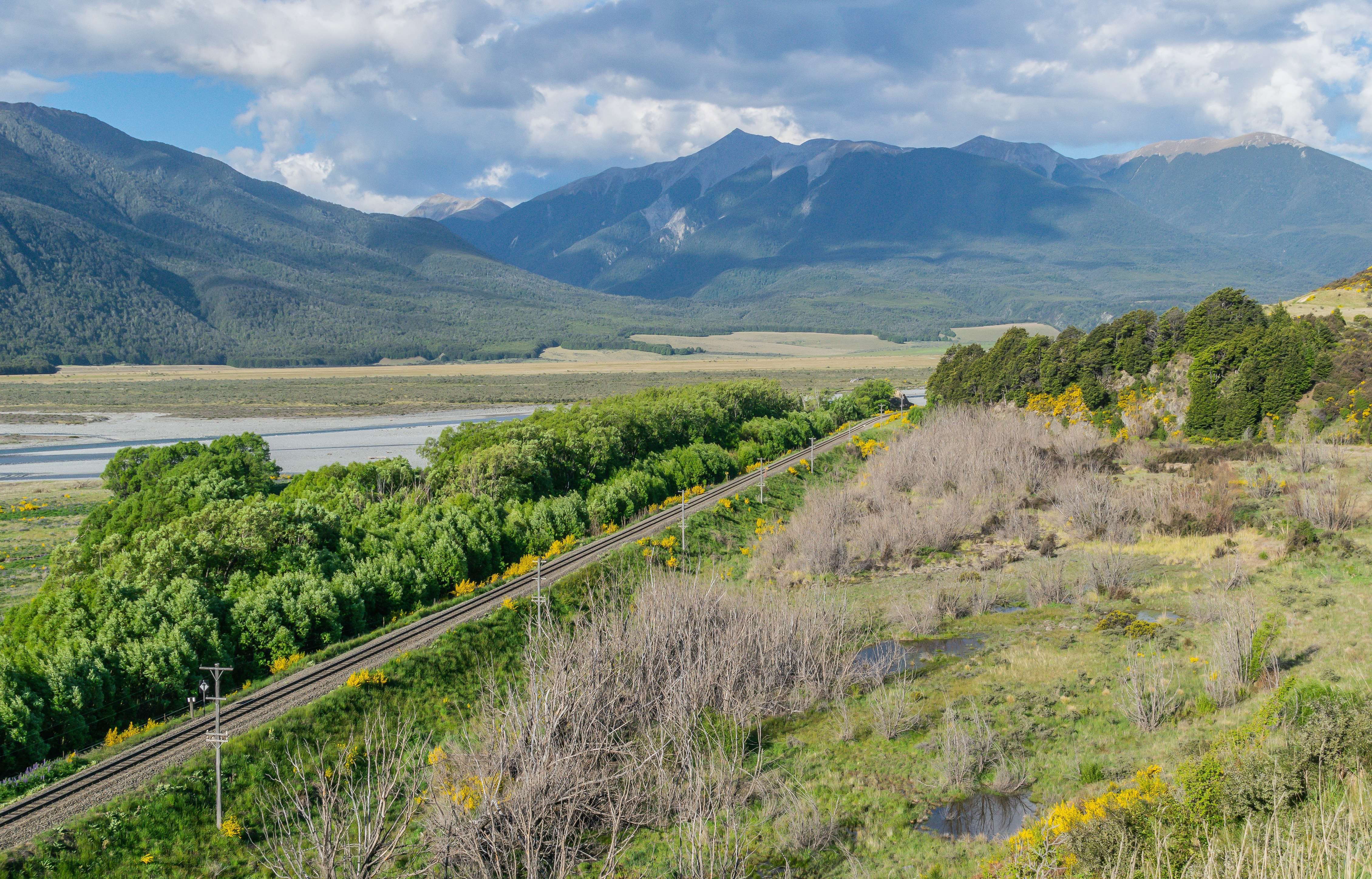 The TranzAlpine beside the Waimakariri River in New Zealand.