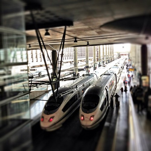 An AVE high-speed train at Madrid station before a Barcelona journey.