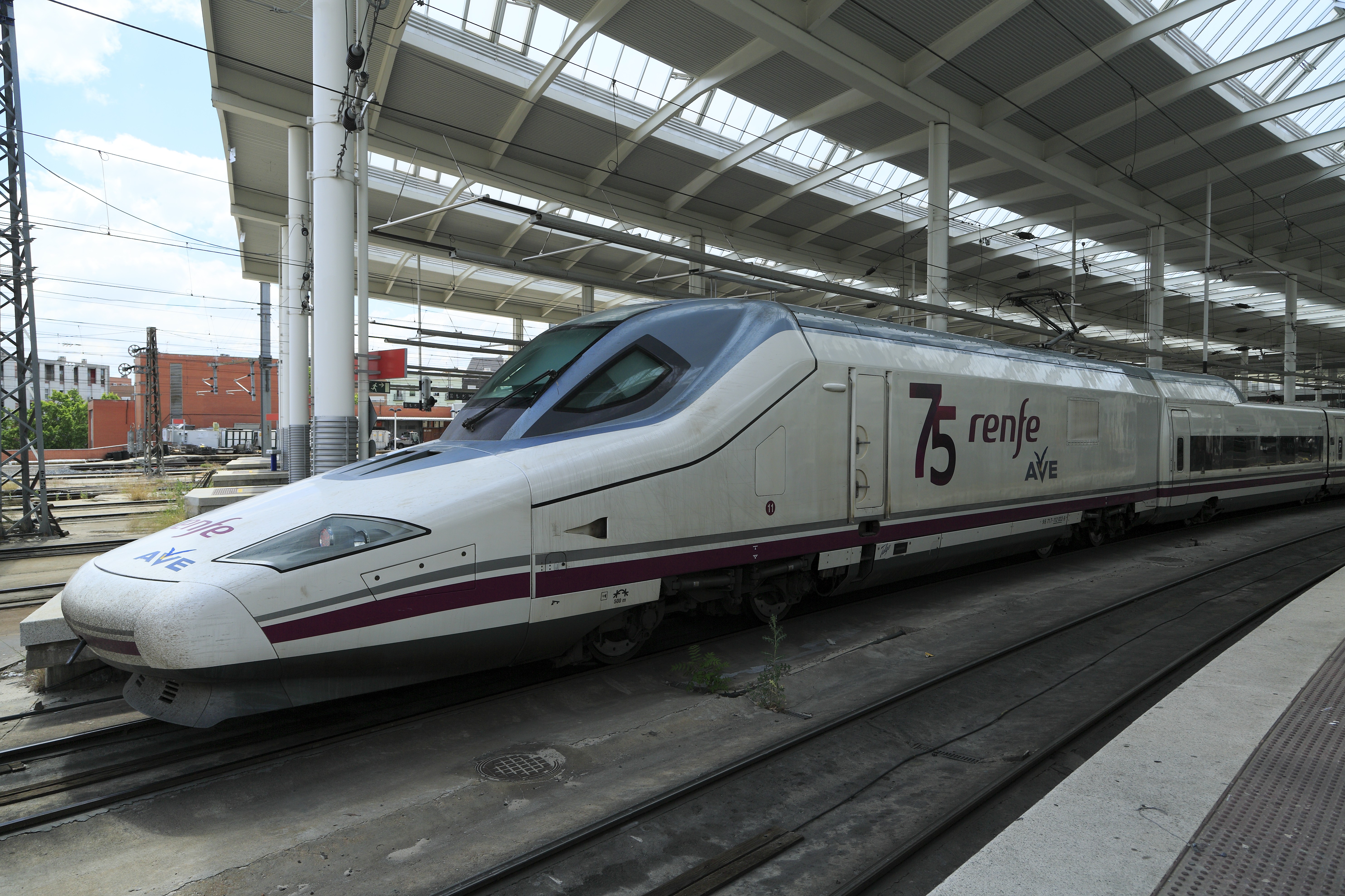 The power car of a Renfe class 112 AVE Talgo 350 set at Madrid Puerta de Atocha.