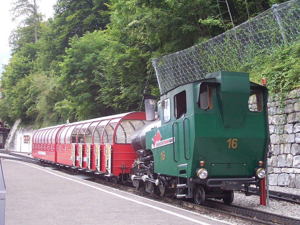 A steam train climbing the Brienz Rothorn Railway above Lake Brienz.