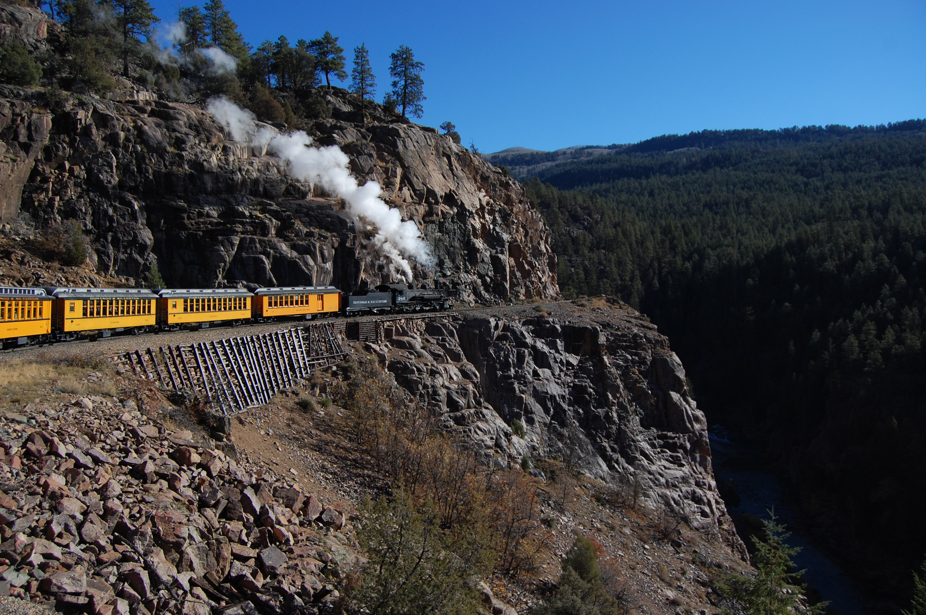 The Durango and Silverton train on the Highline above the Animas Canyon.