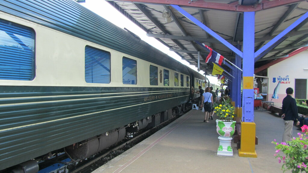 The Eastern & Oriental Express at Kanchanaburi station in Thailand.