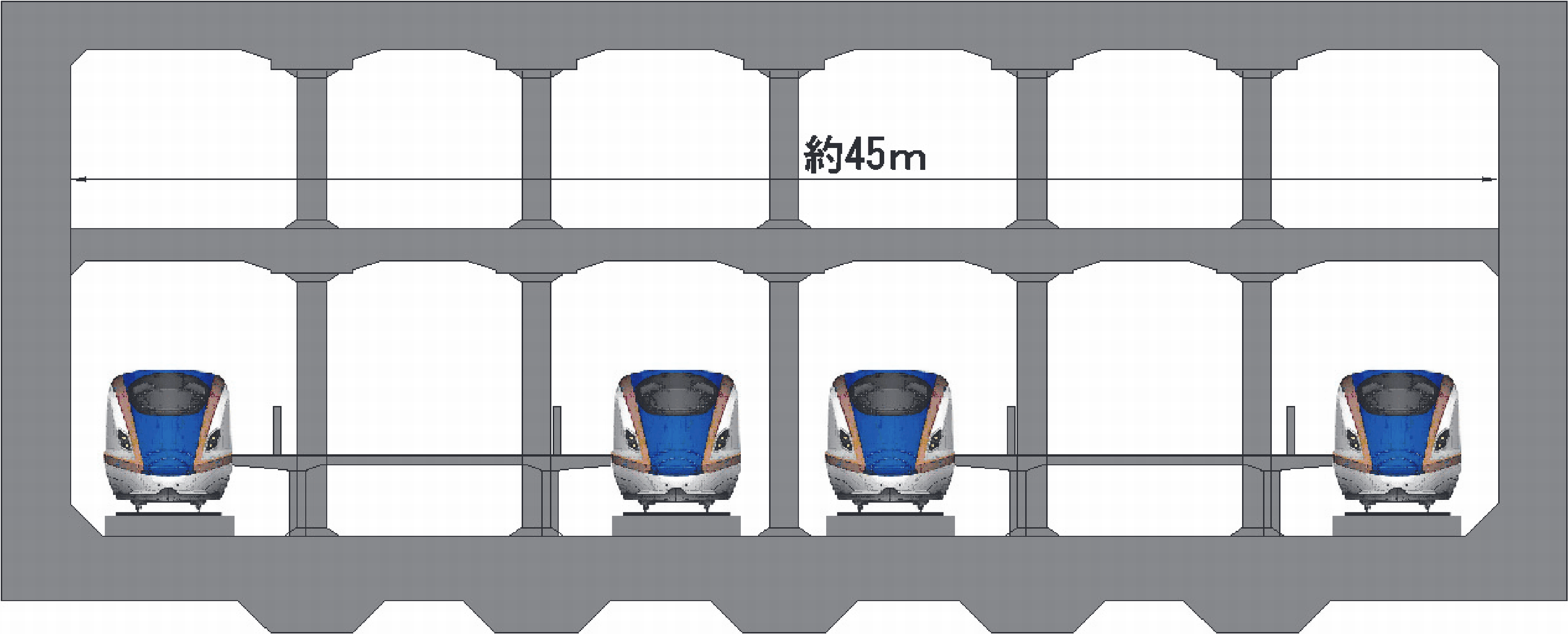 Hokuriku Shinkansen: Tokyo to Tsuruga: Cross sectional image of an underground station with two platforms and four tracks for the Hokuriku Shinkansen 2019