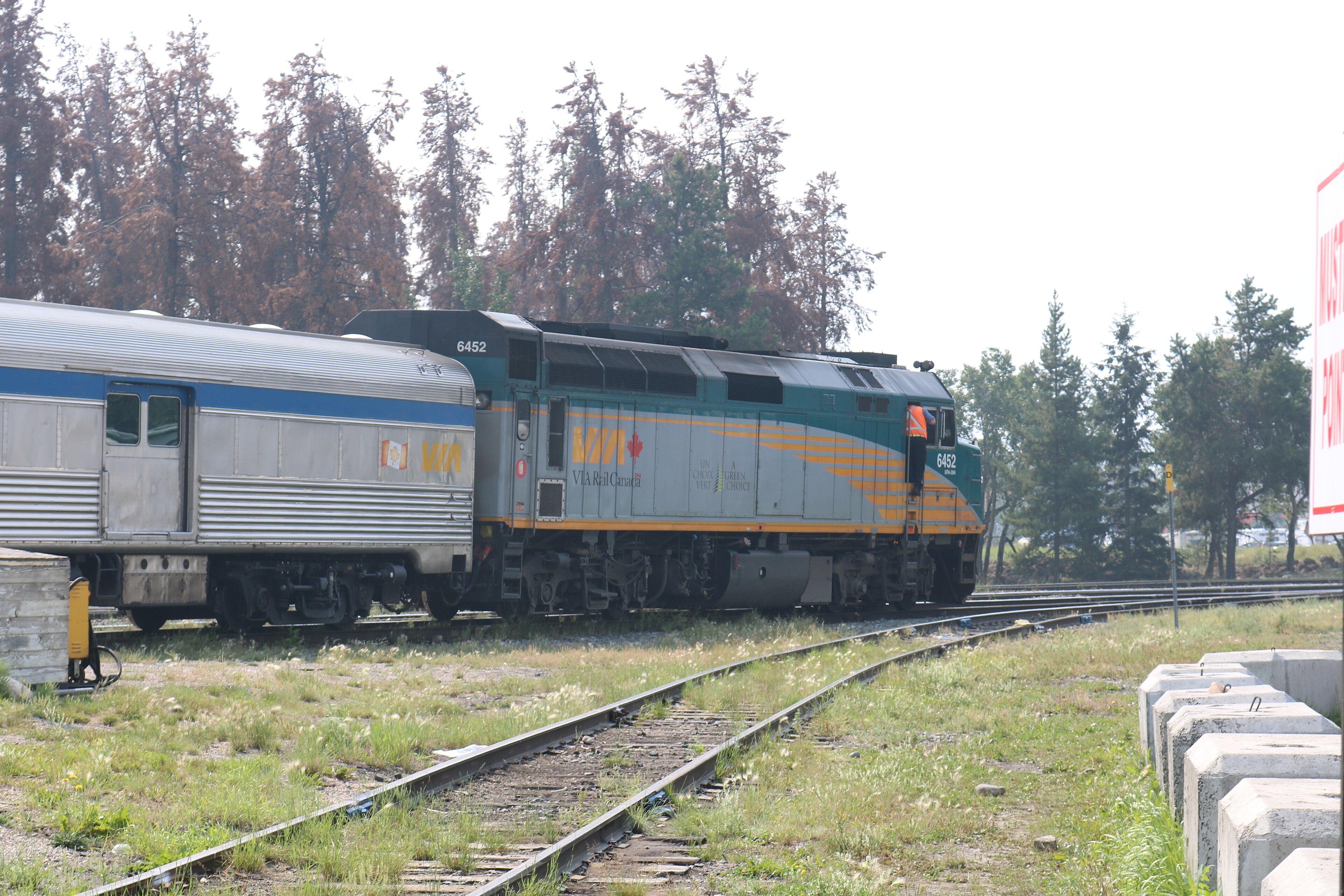 VIA Rail Jasper–Prince Rupert train leaving Jasper through the Canadian Rockies.