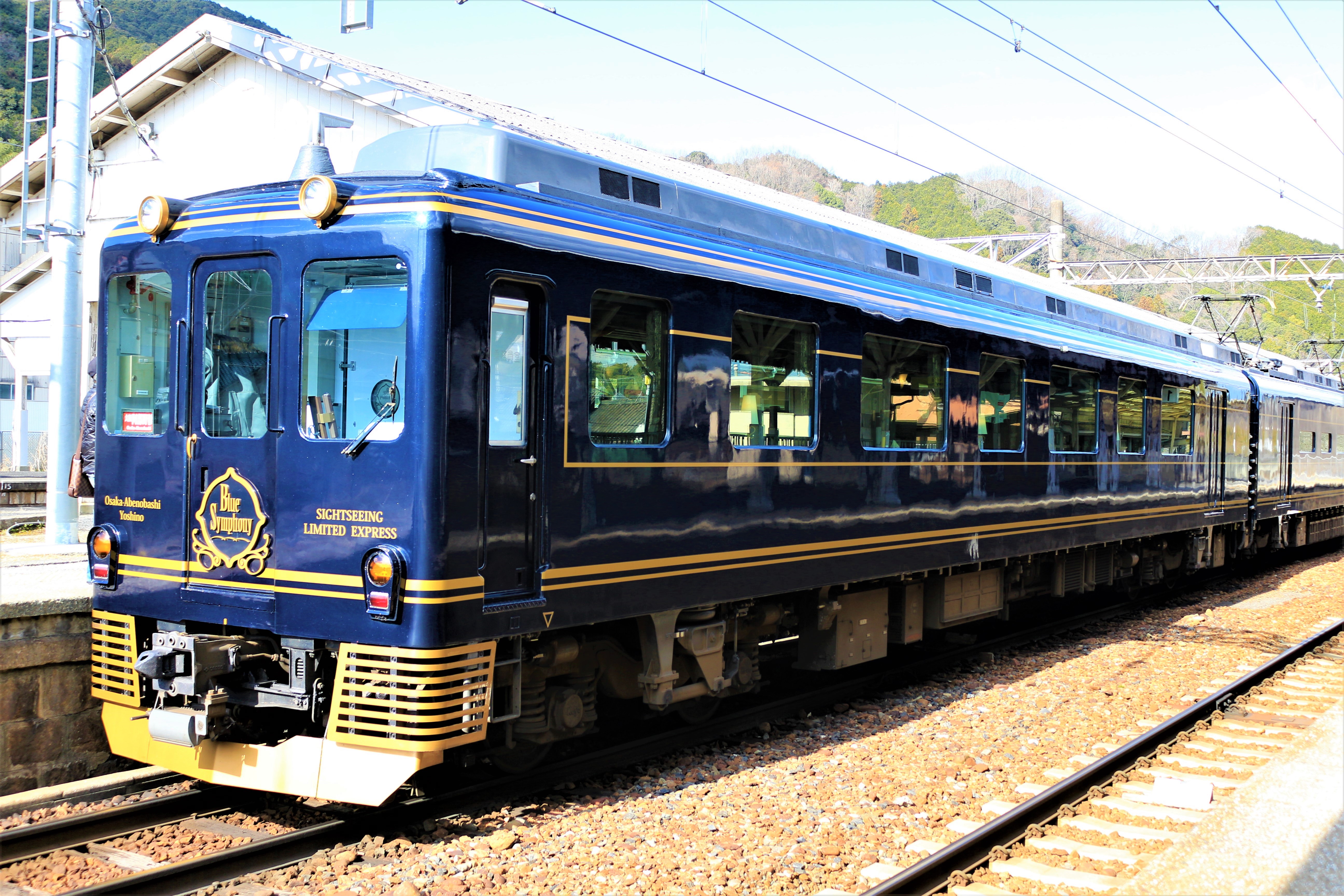 Side view of the Kintetsu 16200 series Blue Symphony in its navy and gold livery at the platform.