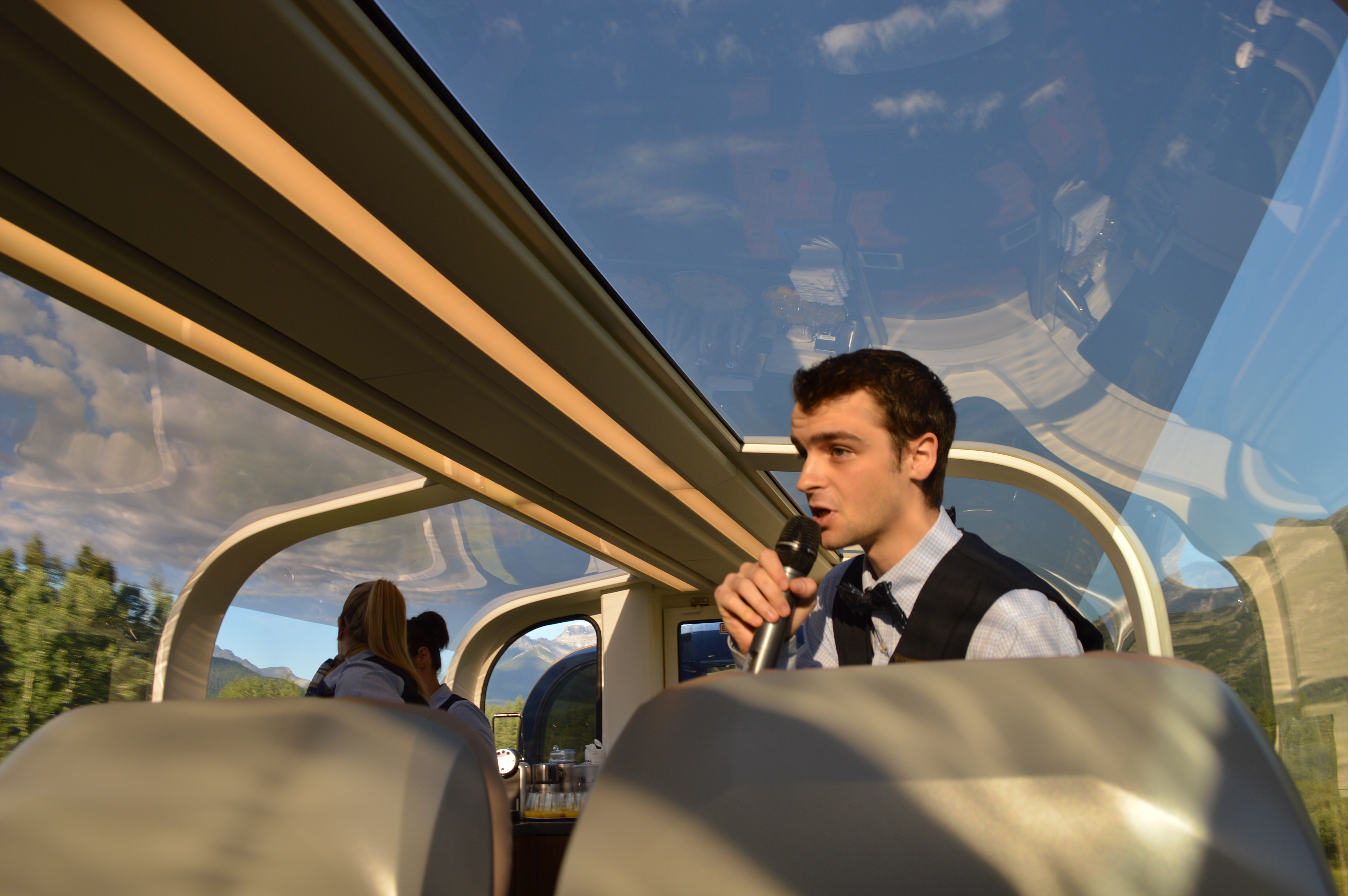 Inside the panoramic upper level of a Rocky Mountaineer GoldLeaf carriage.