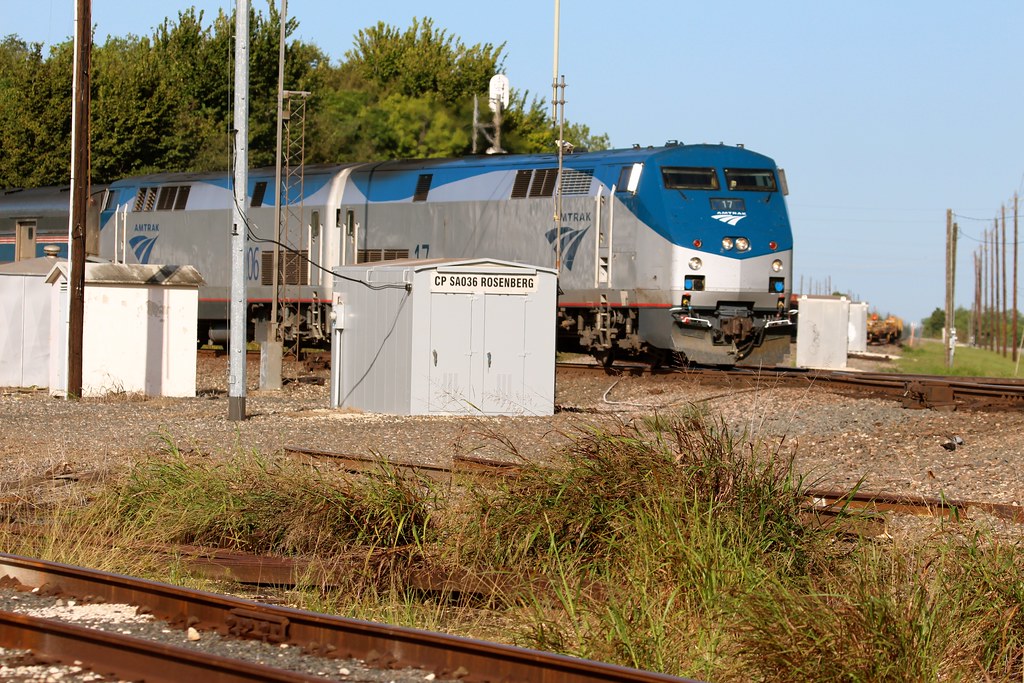 The eastbound Amtrak Sunset Limited passing Rosenberg, Texas.