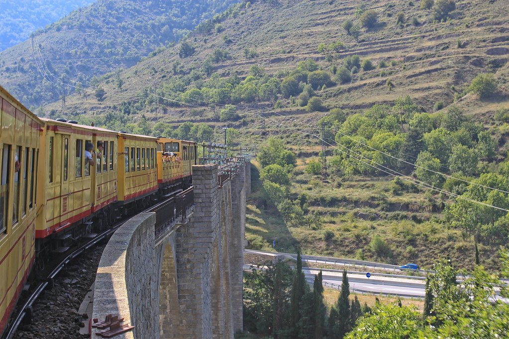 The Train Jaune crossing Pont Séjourné in the French Pyrenees.
