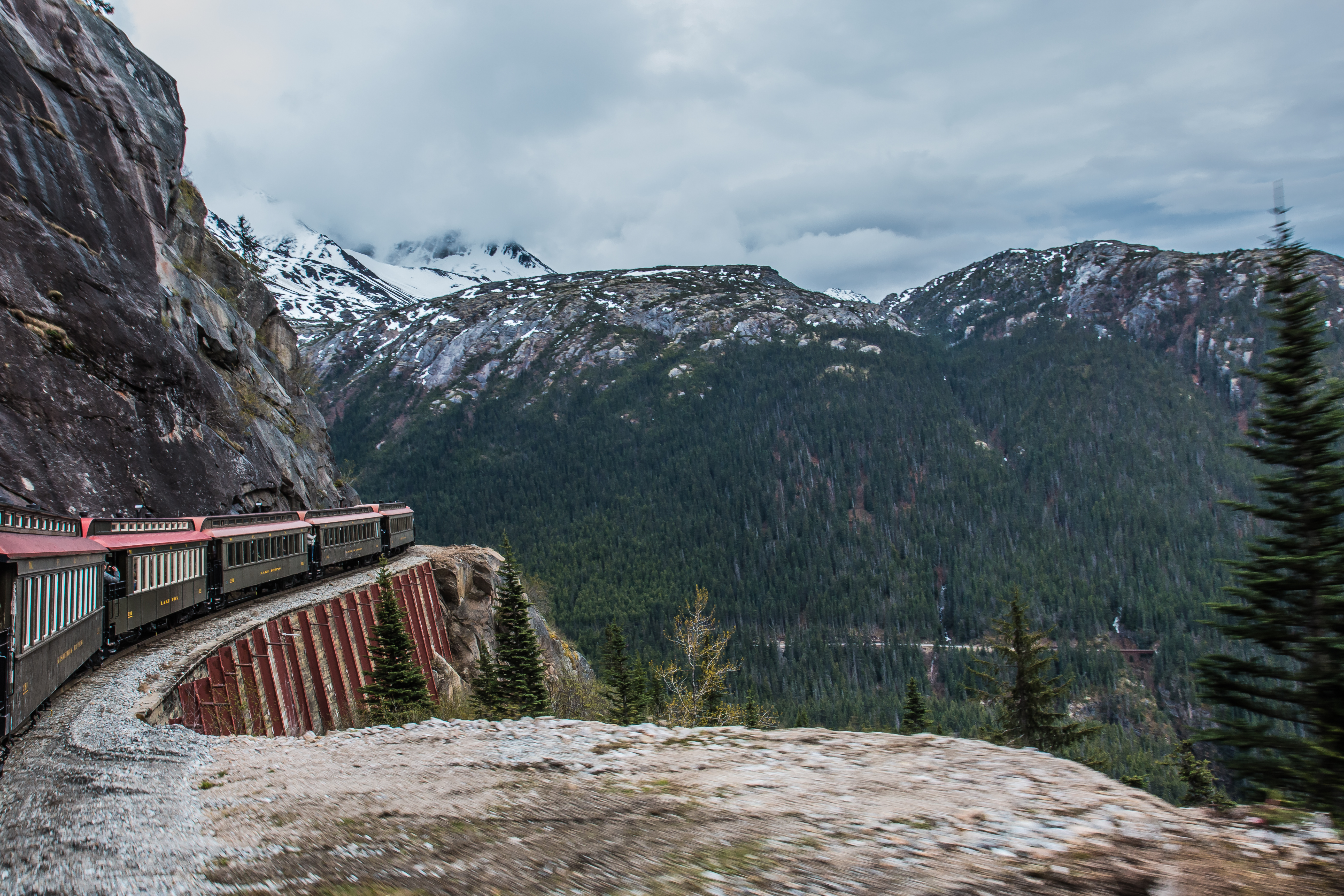 A White Pass and Yukon Route train in the mountain landscape above Skagway.