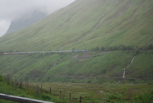 A train travelling through the landscape of Scotland’s West Highland Line.