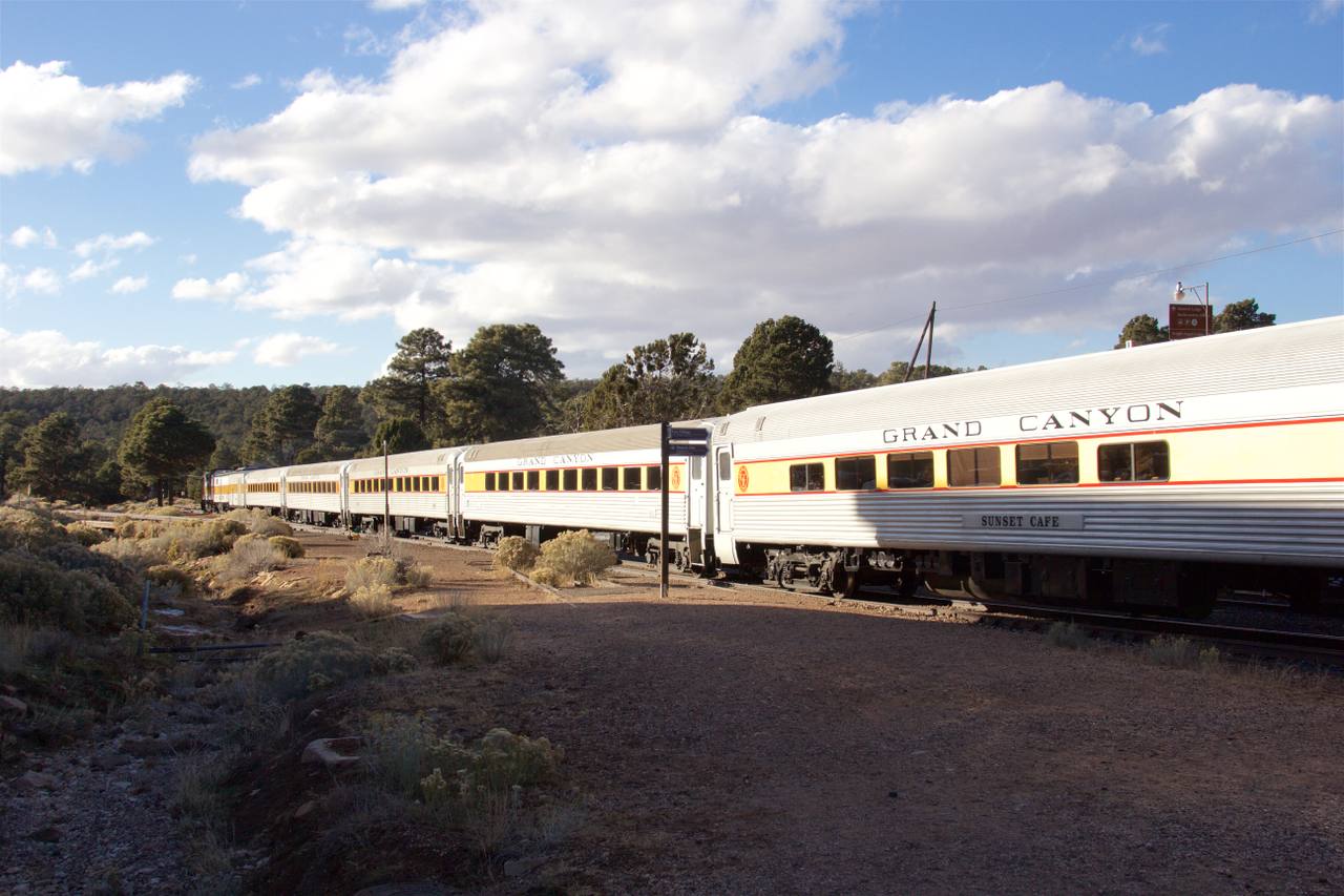 A Grand Canyon Railway passenger train at Grand Canyon Village near the South Rim.
