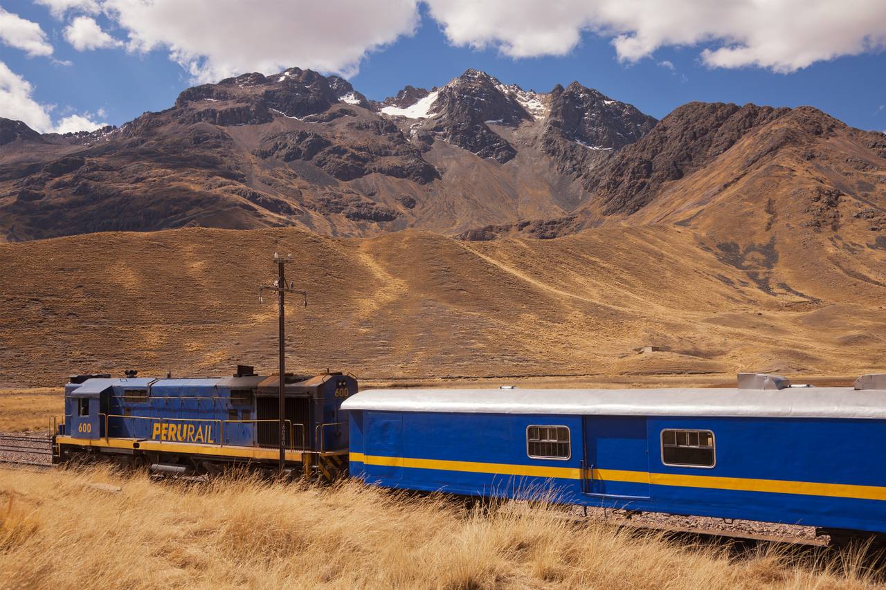 A PeruRail train crossing the altiplano between Cusco and Puno.