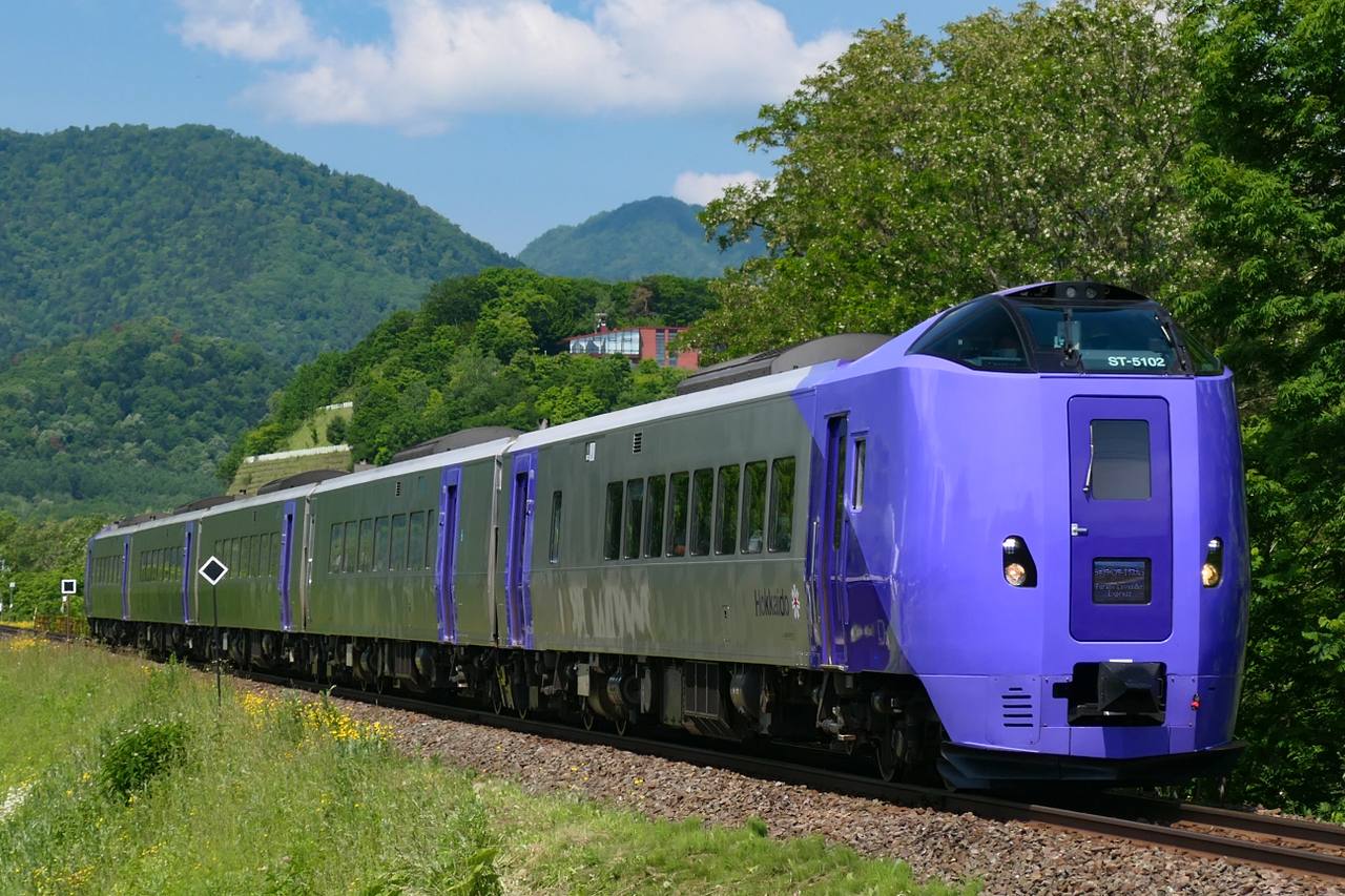 JR Hokkaido Furano Lavender Express KiHa 261-5000 train running between Nokanan and Furano in Hokkaido, Japan.