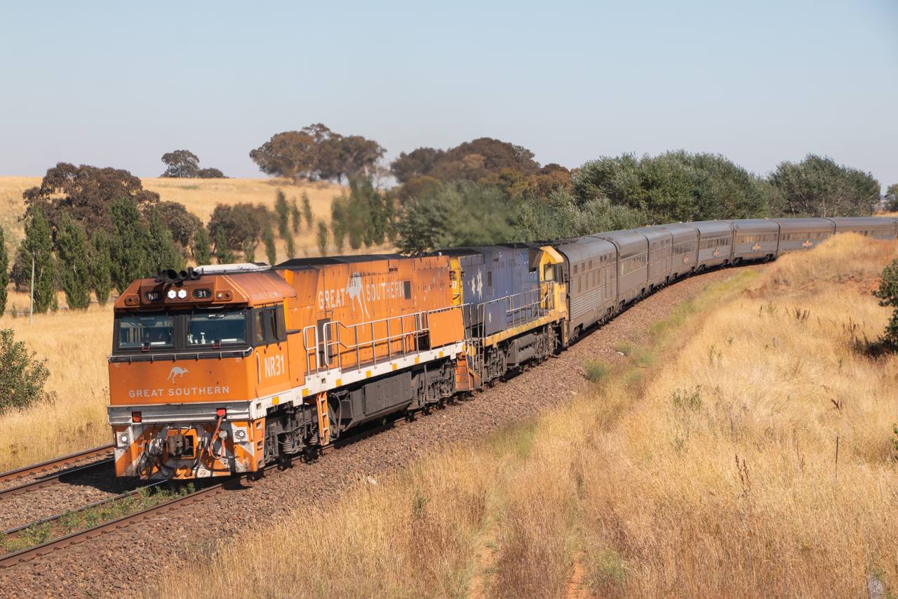 Journey Beyond’s Great Southern train passing through the Cullerin Ranges in New South Wales in January 2023.
