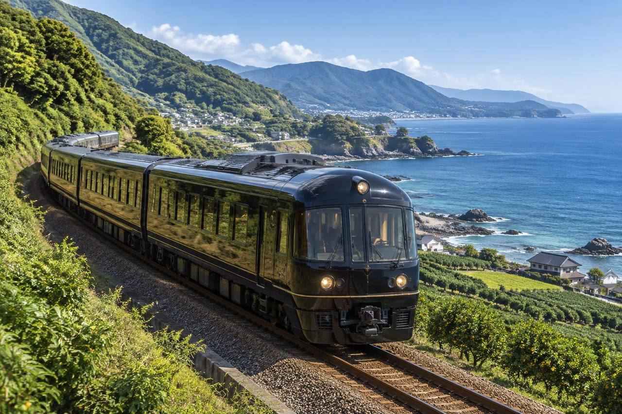 Unbranded black sightseeing train following the Kyushu coast in Oita Prefecture.