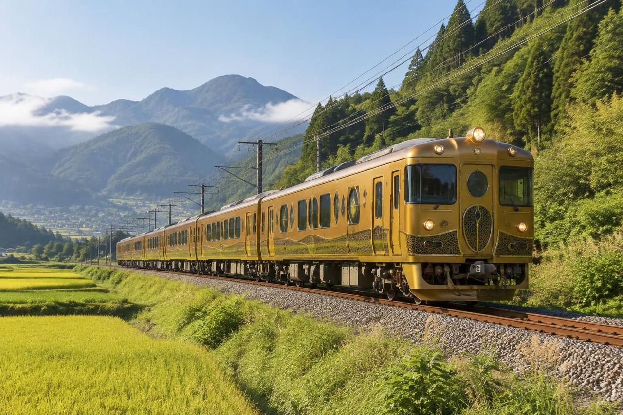 Unbranded gold sightseeing train travelling through rural Oita Prefecture in Kyushu.