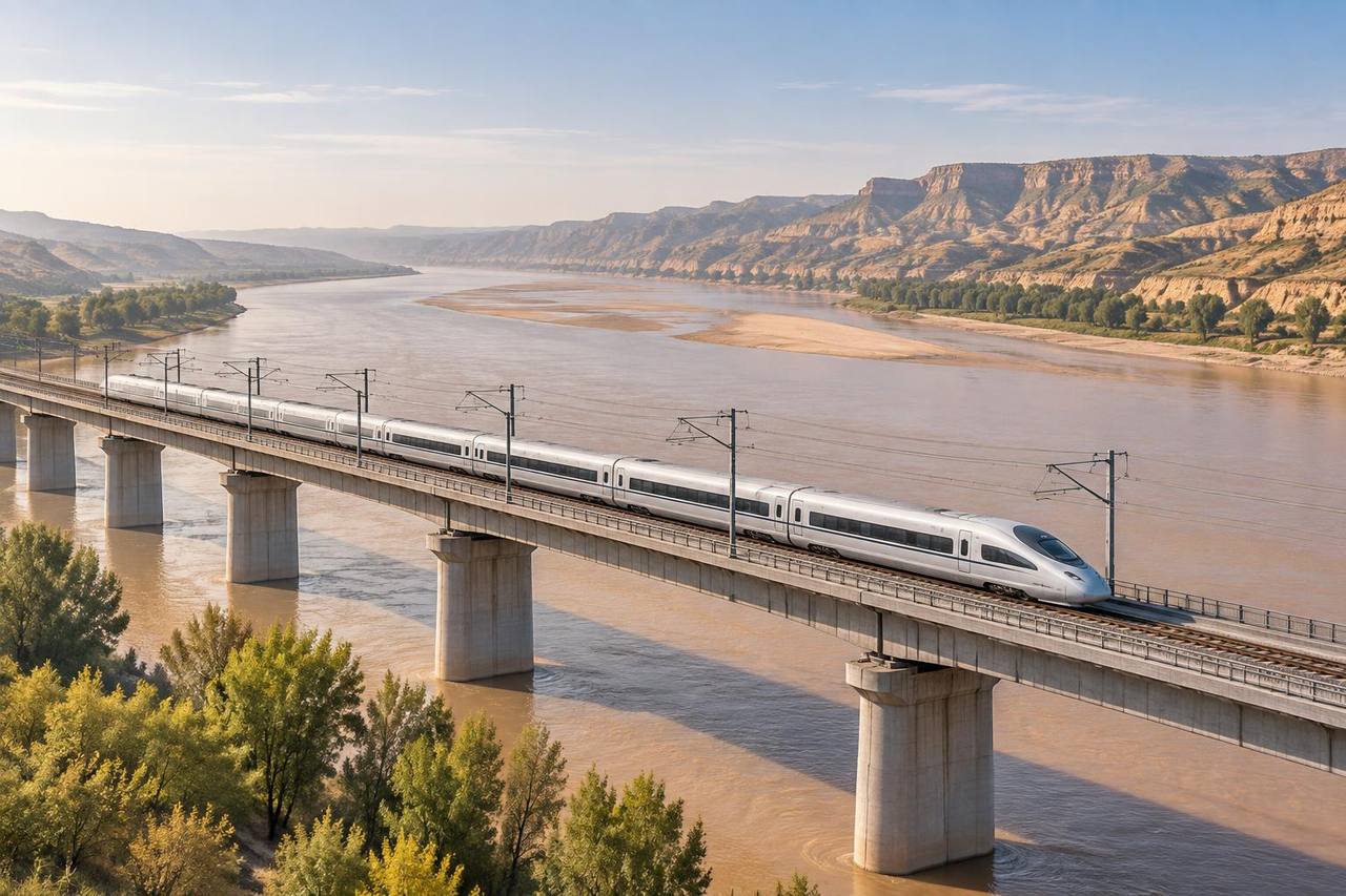 Modern high-speed train crossing a broad river and loess landscape on the Beijing–Xi’an corridor.