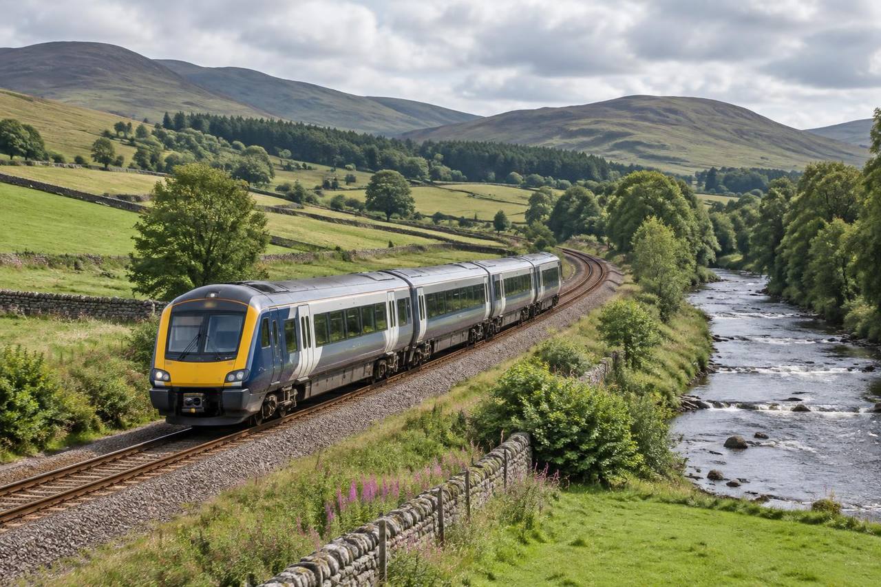 Unbranded regional passenger train beside a river in the rolling Scottish Borders.