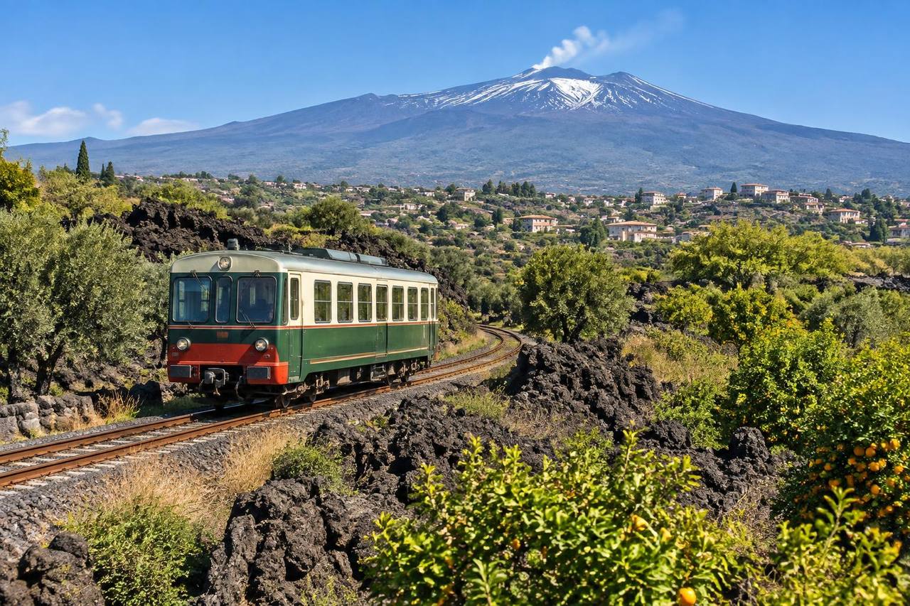 Unbranded railcar crossing lava fields and orchards on the lower slopes of Mount Etna.