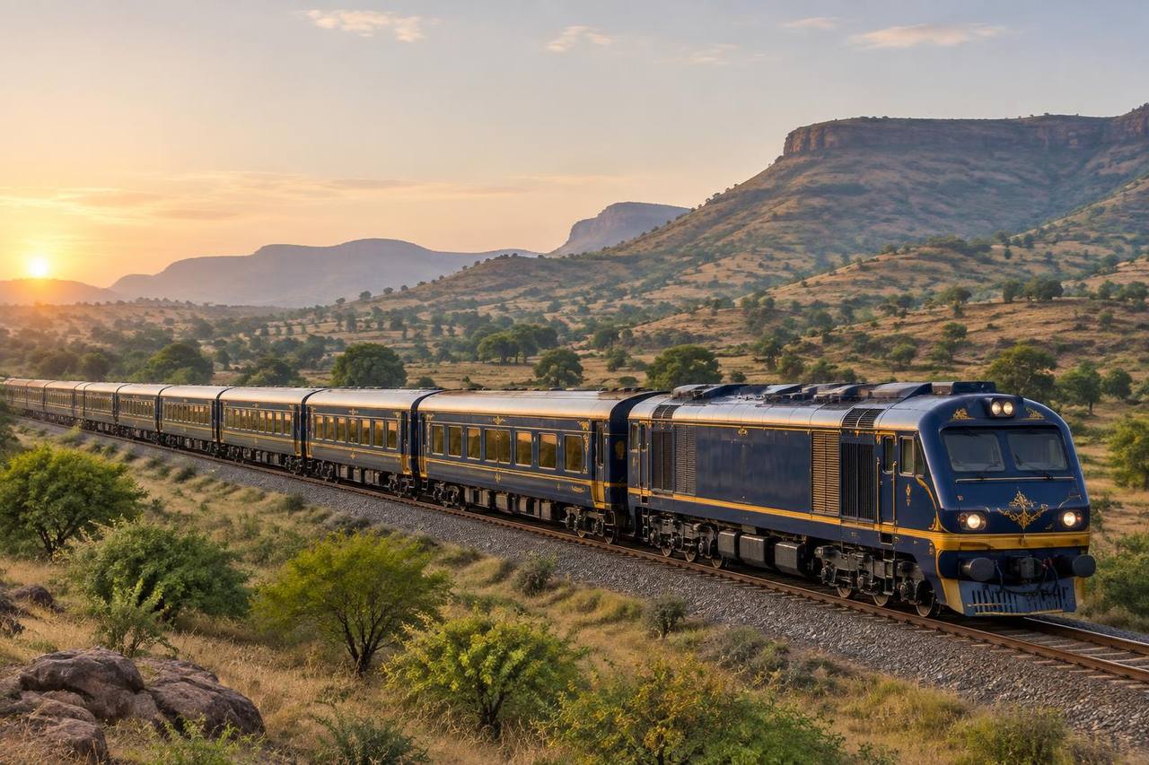 Unbranded blue-and-gold luxury passenger train crossing the Deccan plateau in Maharashtra.
