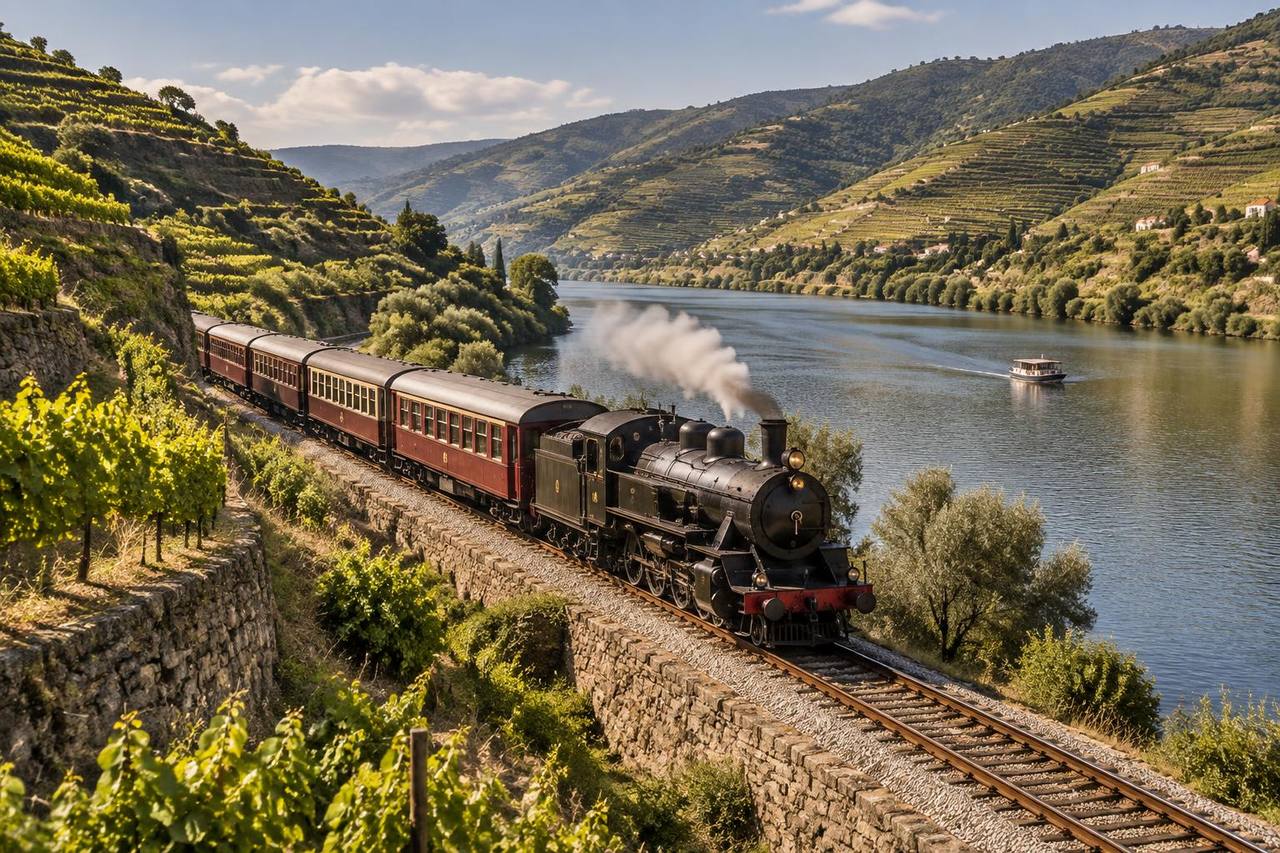 Historic-style steam passenger train beside the Douro River and terraced vineyards.