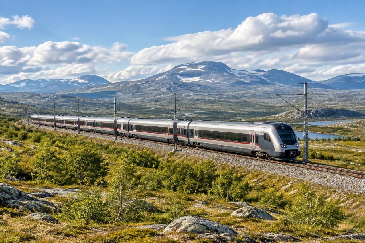 Unbranded intercity passenger train crossing the Dovrefjell high plateau.