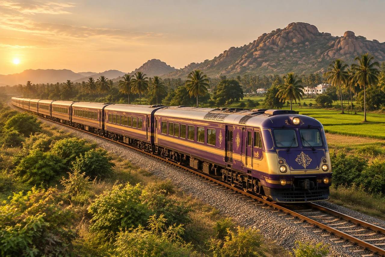 Unbranded purple-and-gold luxury passenger train crossing rural Karnataka.