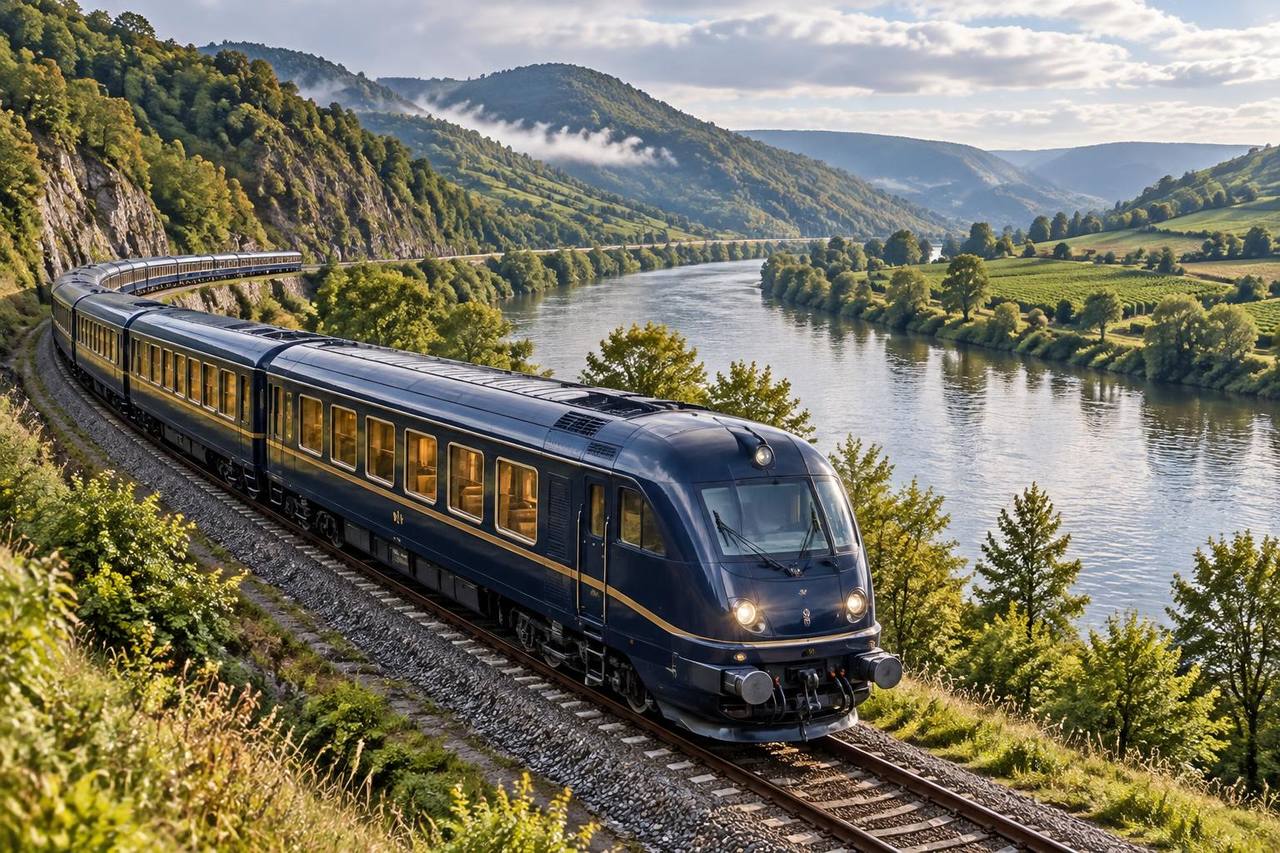 Elegant unbranded luxury passenger train in an itinerary-neutral Central European river valley.