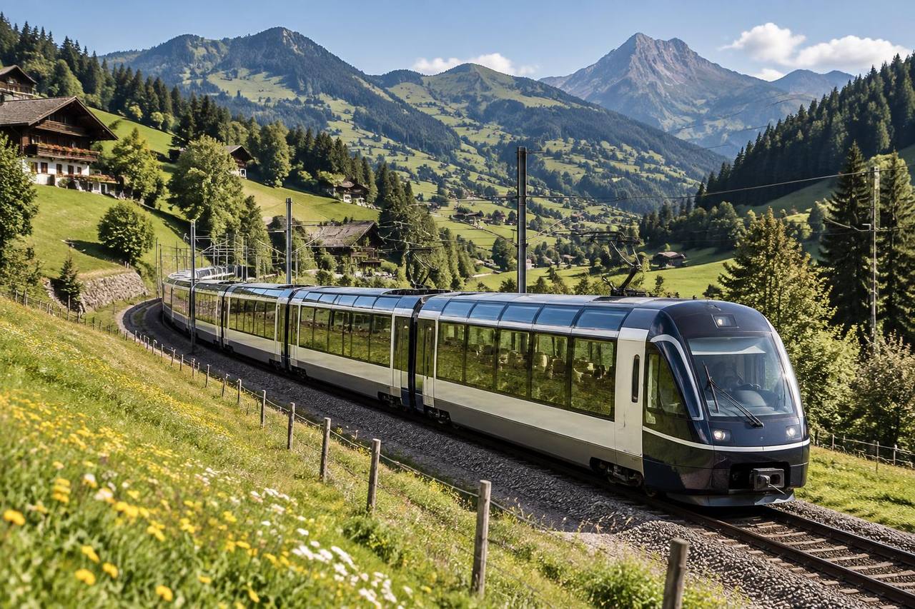 Unbranded panoramic passenger train crossing Alpine meadows in the Pays-d’Enhaut.