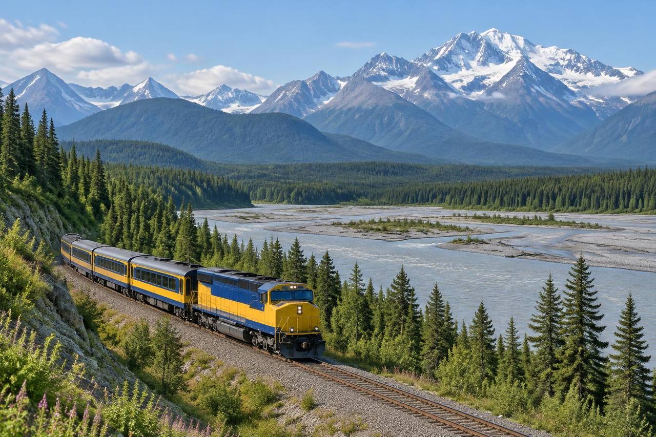 Unbranded blue-and-yellow passenger train in Alaska’s remote Susitna River valley.