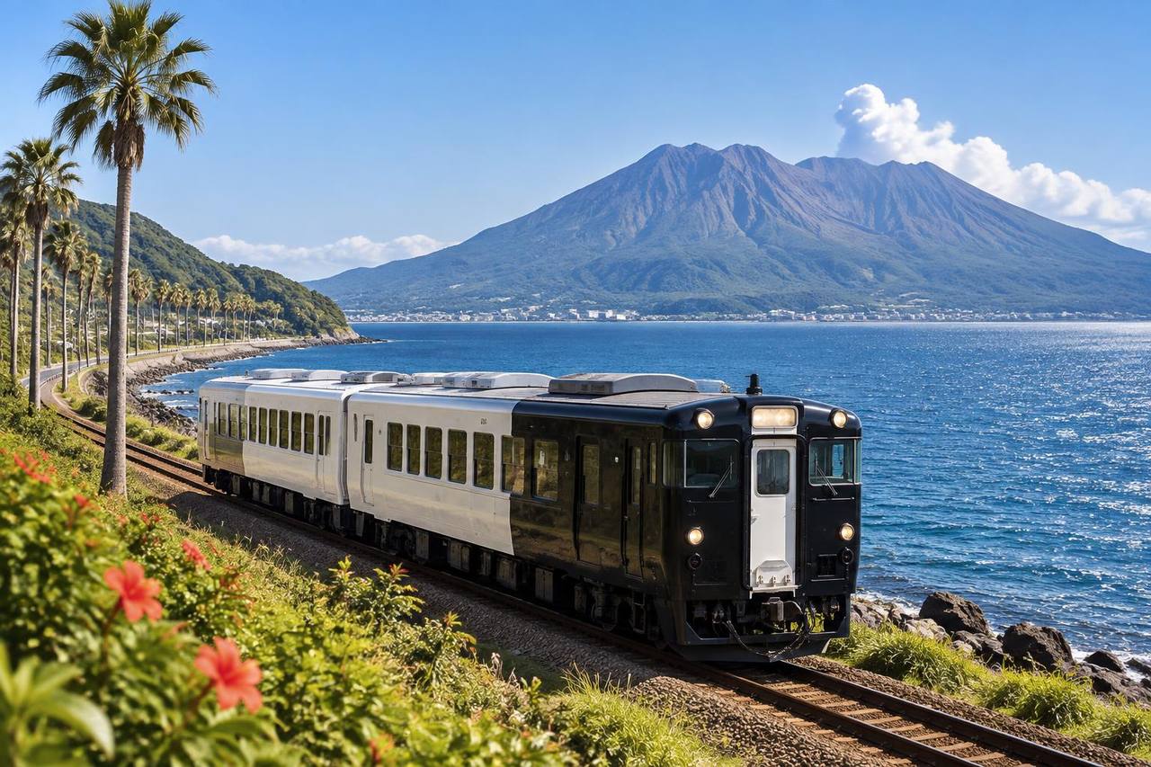 Black-and-white sightseeing train beside Kagoshima Bay with Sakurajima beyond.