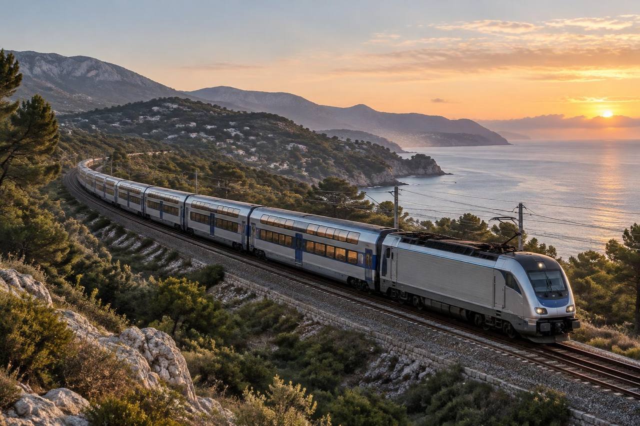 Unbranded overnight passenger train approaching the Mediterranean coast at dawn.