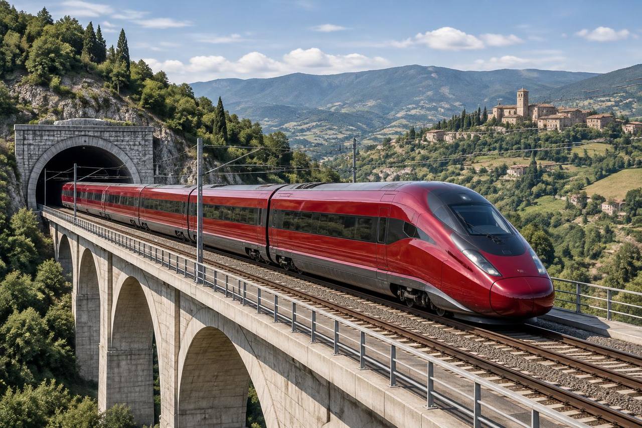 Unbranded modern high-speed train crossing an Apennine viaduct on the Rome–Milan corridor.