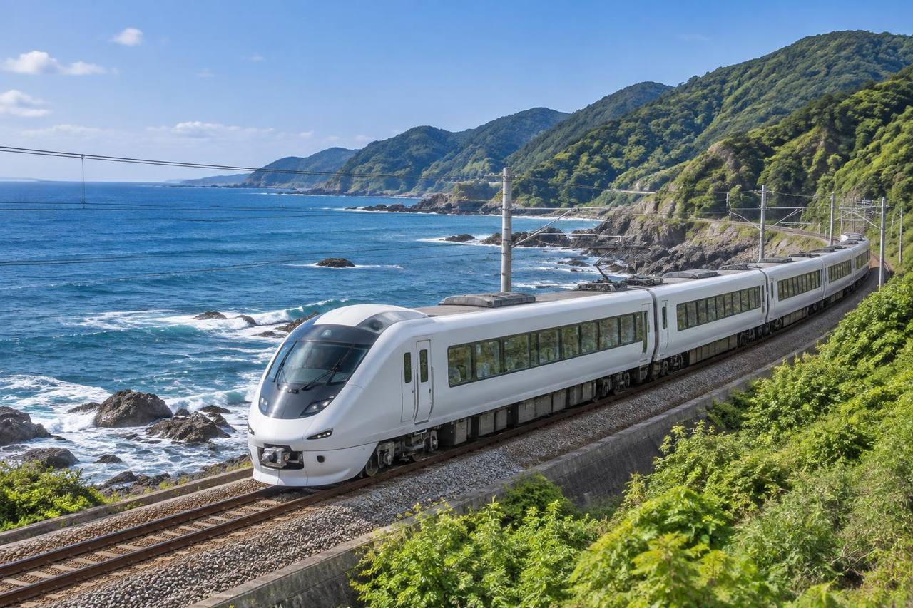 Editorial illustration of an unbranded limited-express train beside the Pacific coast of the Kii Peninsula.