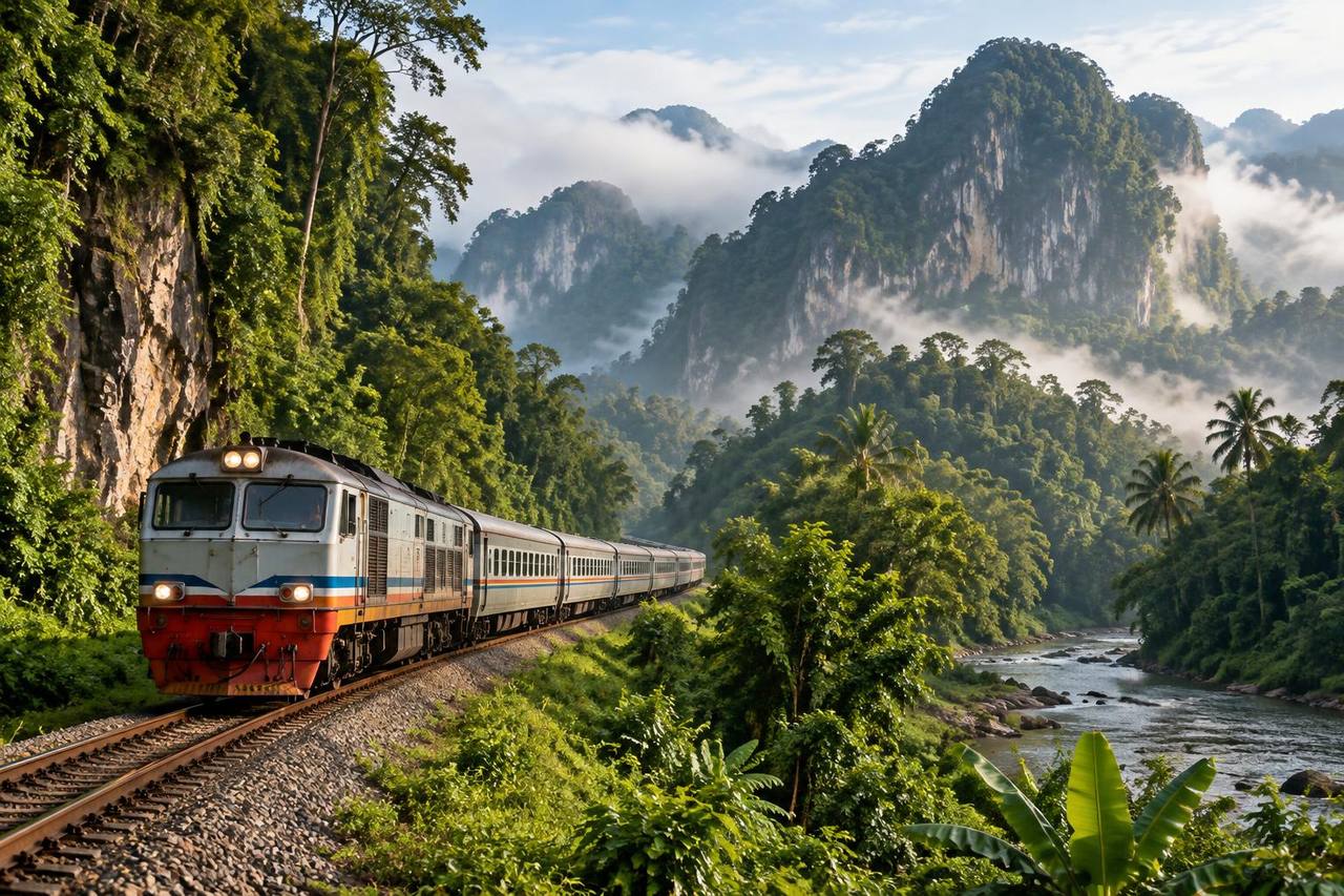 Unbranded passenger train threading rainforest and limestone karst near Gua Musang.