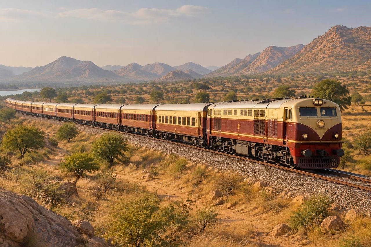 Unbranded cream-and-maroon luxury passenger train crossing the Rajasthan landscape.
