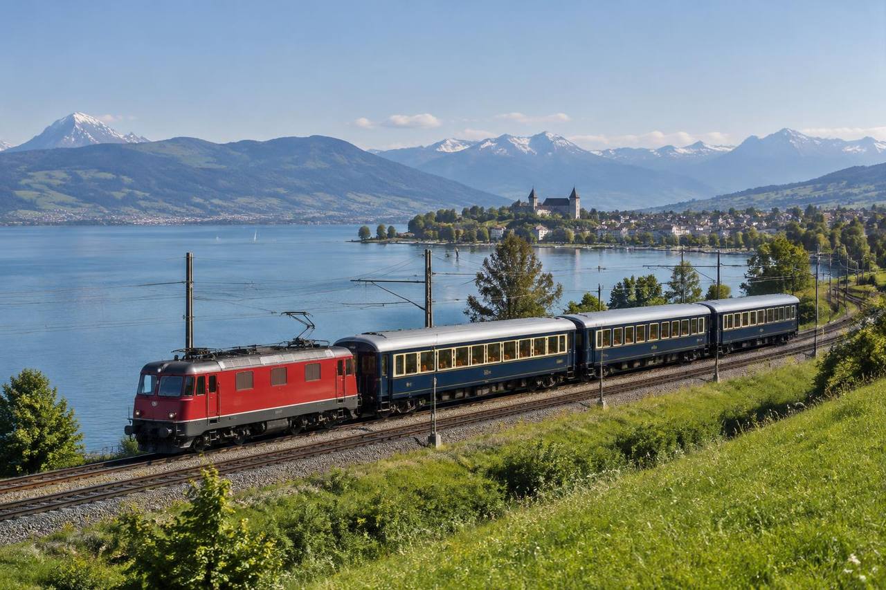 Short Swiss private dining train beside a lake on its documented circular itinerary.