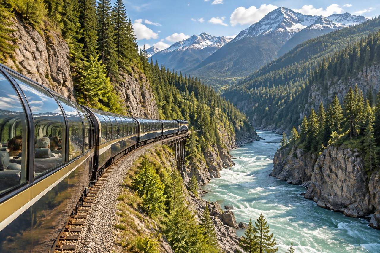 Unbranded glass-dome passenger train above a forested western Canadian river canyon.