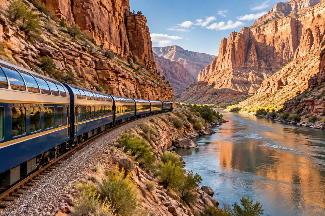 Daylight glass-dome sightseeing train beside the Colorado River in red-rock canyon country.