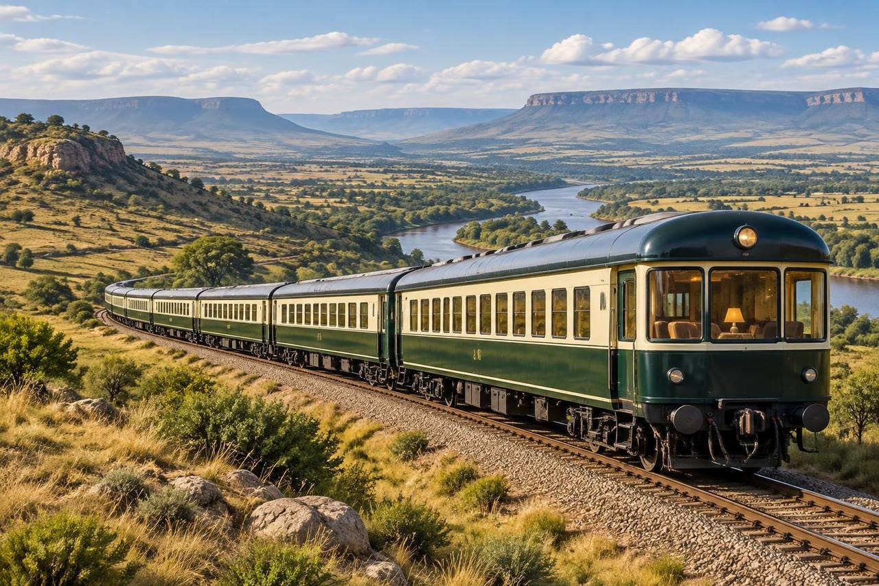 Unbranded luxury passenger train crossing a broad South African river valley.