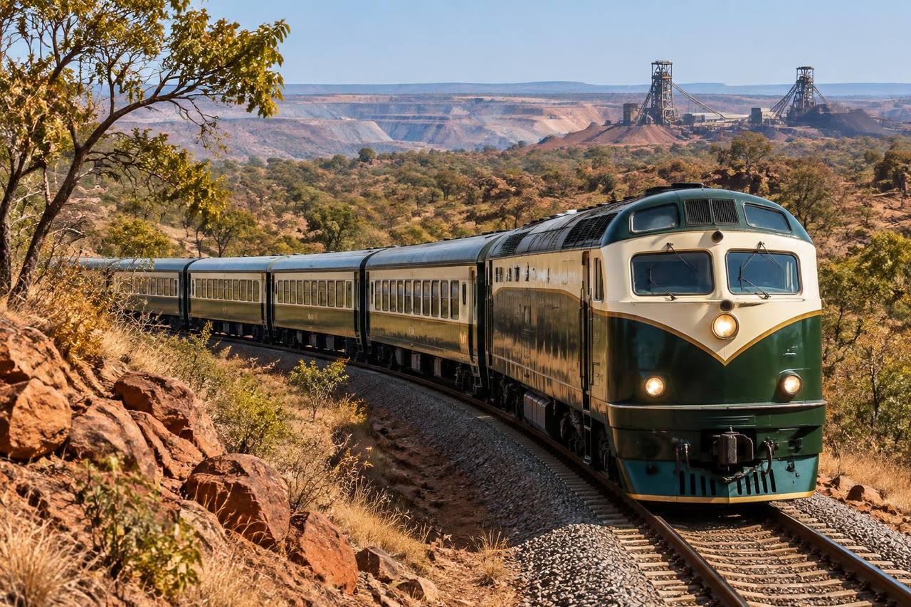 Unbranded luxury passenger train travelling through Copperbelt woodland and mining country.
