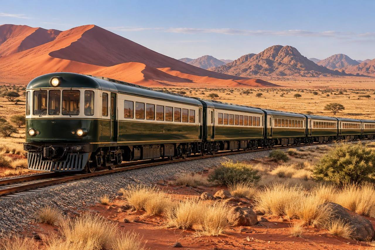 Unbranded luxury passenger train crossing red-dune desert country in Namibia.