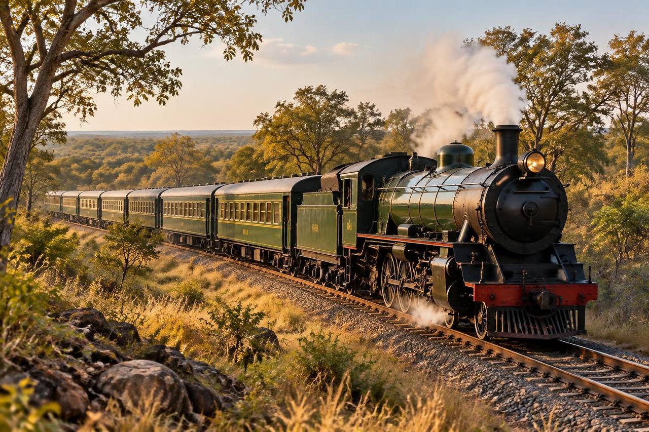Unbranded heritage steam passenger train travelling through woodland near Livingstone, Zambia.