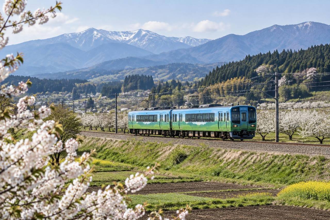 Editorial illustration of an unbranded sightseeing train crossing orchard country in northeastern Japan.