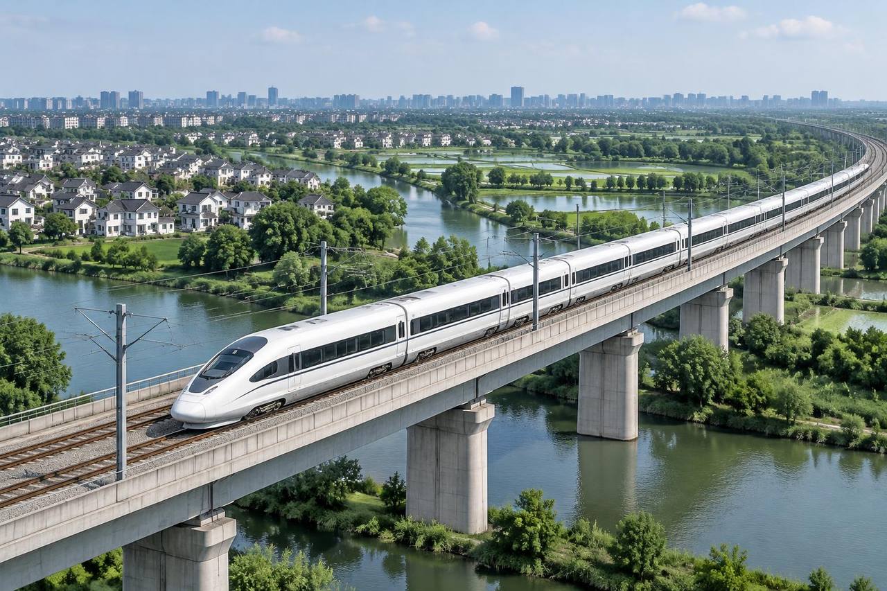 Unbranded modern high-speed train crossing Jiangnan waterways on the Shanghai–Hangzhou corridor.