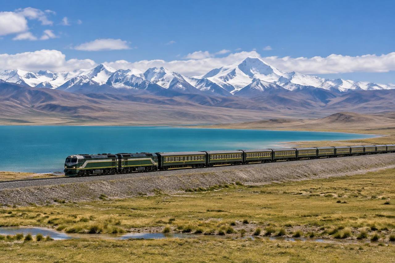 Unbranded long-distance passenger train crossing the Qinghai–Tibet plateau beside a high-altitude lake.