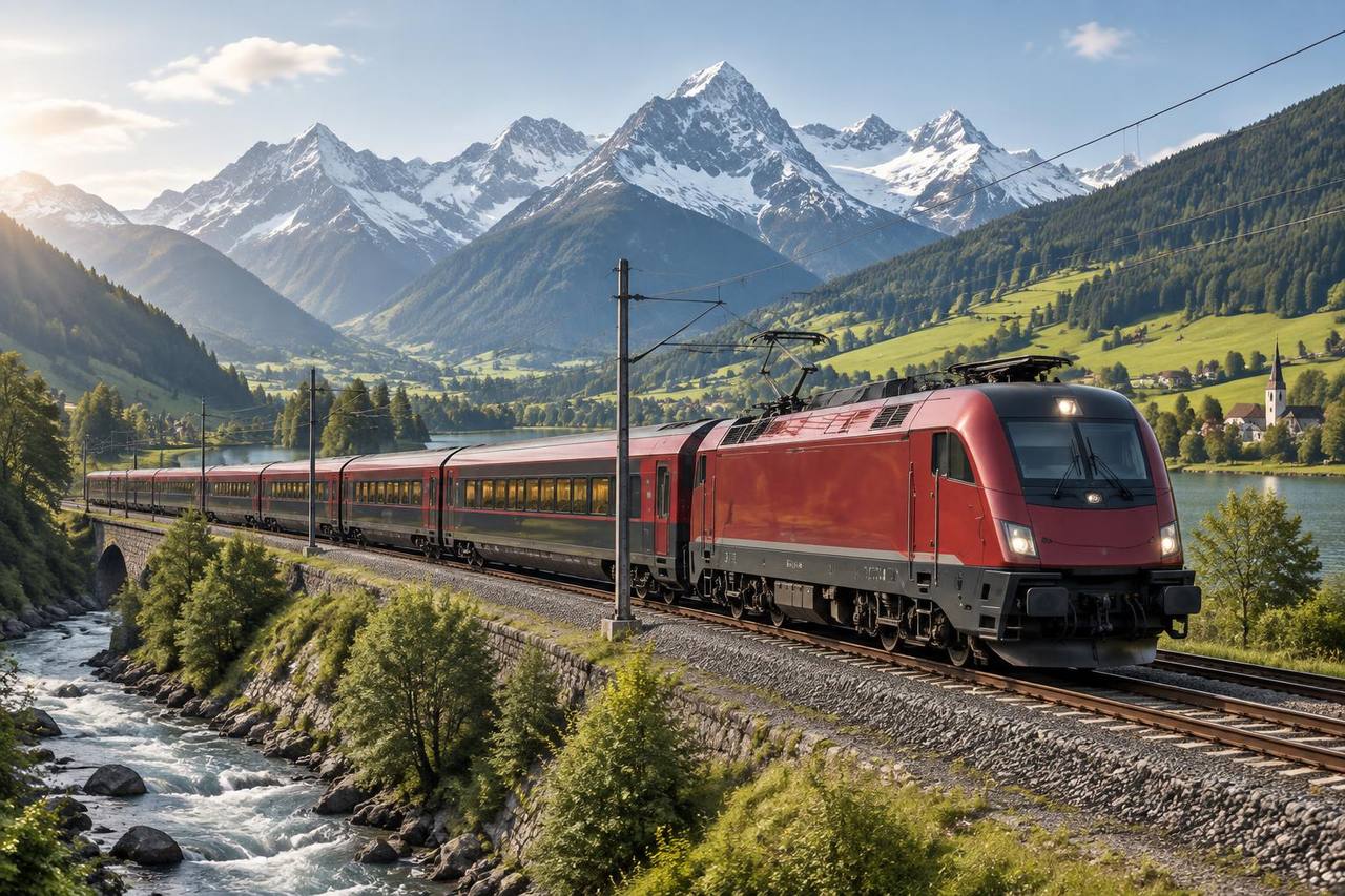 Unbranded overnight passenger train crossing an Austrian Alpine valley.