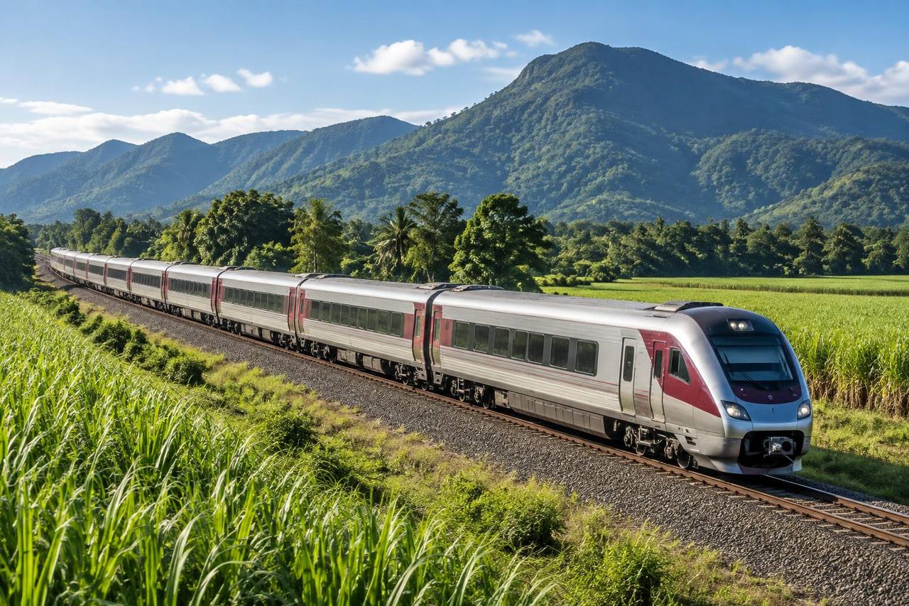 Unbranded long-distance passenger train passing cane fields and tropical ranges in North Queensland.